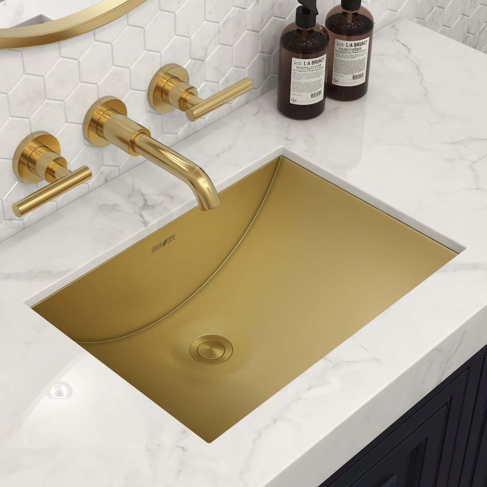 16 x 13 inch Brushed Gold Polished Brass Rectangular Bathroom Sink Undermount. Picture 2