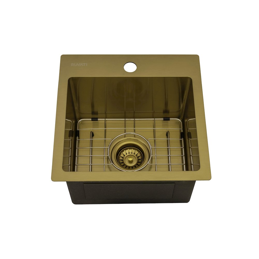 15 inch Polished Brass Matte Gold Stainless Steel Topmount Sink Single Bowl. Picture 1