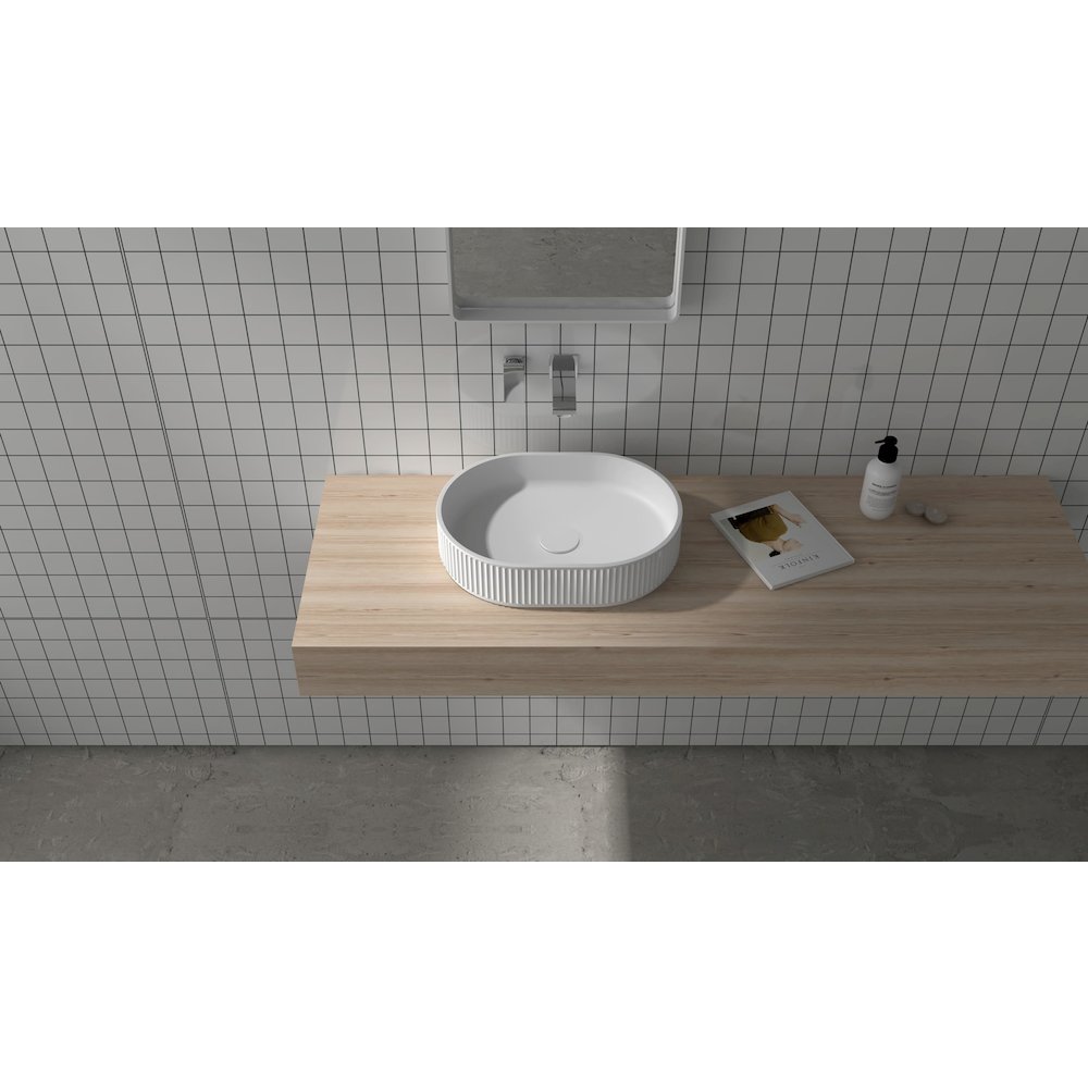 19 x 14 inch Fluted Vessel Bathroom Sink Solid Surface Modern Matte White. Picture 4