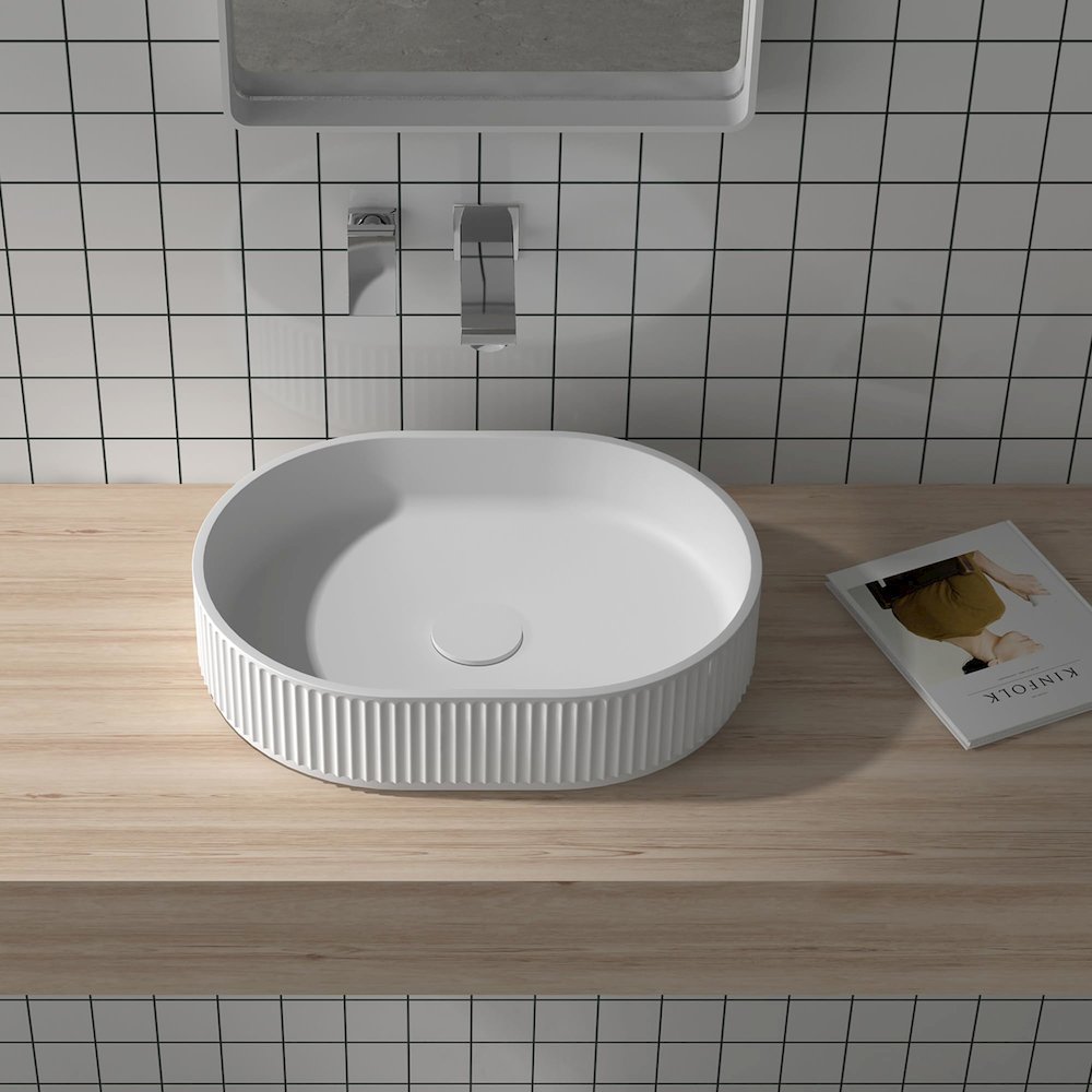 19 x 14 inch Fluted Vessel Bathroom Sink Solid Surface Modern Matte White. Picture 2
