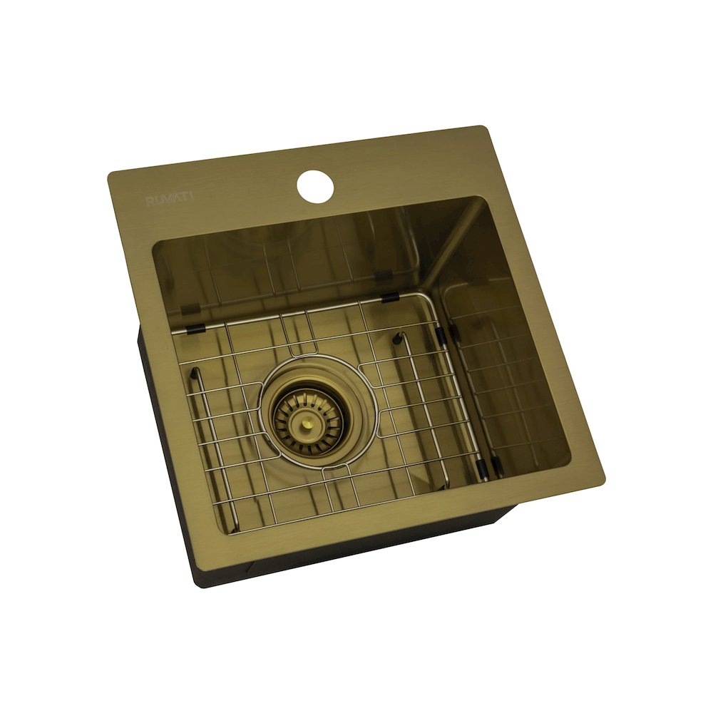 15 inch Polished Brass Matte Gold Stainless Steel Topmount Sink Single Bowl. Picture 3