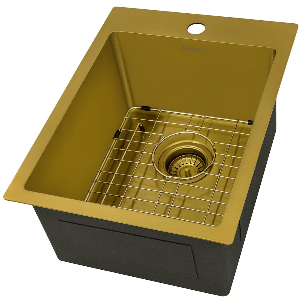 15 x 20 inch Polished Brass Matte Gold Stainless Steel Topmount Sink Single Bowl. Picture 1