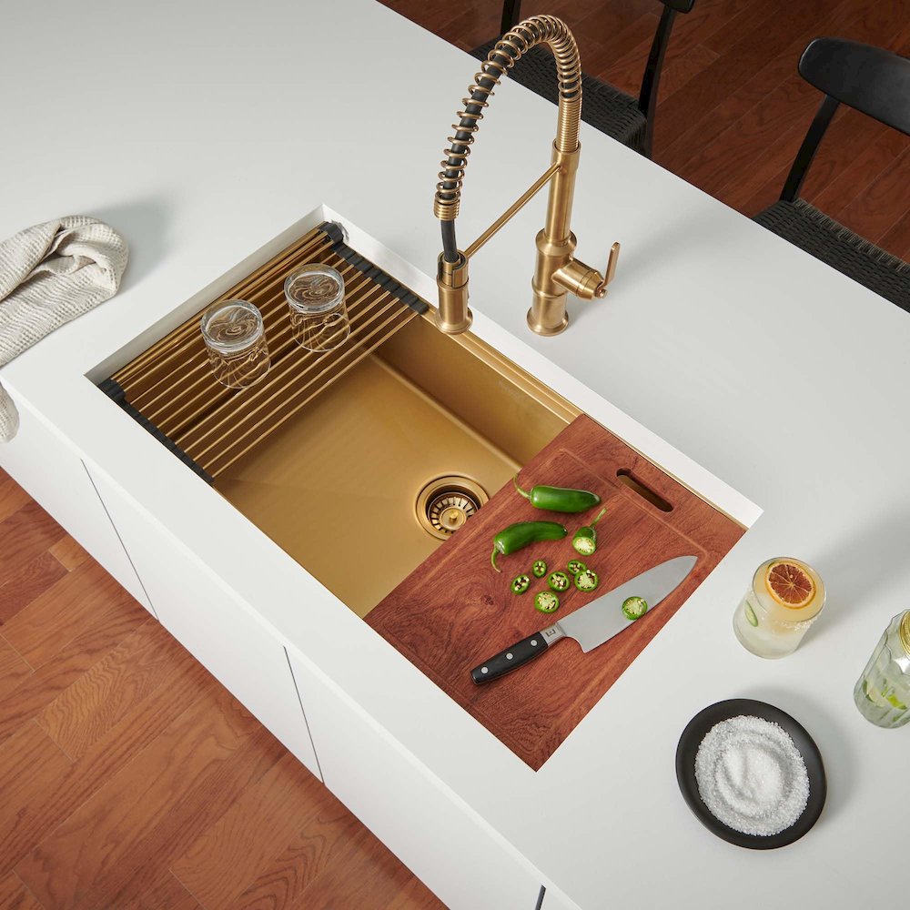 30in Polished Brass Matte Gold Workstation Undermount Kitchen Sink Single Bowl. Picture 3