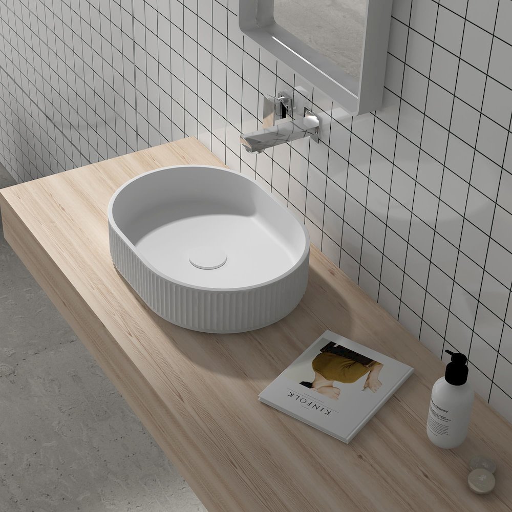 19 x 14 inch Fluted Vessel Bathroom Sink Solid Surface Modern Matte White. Picture 5