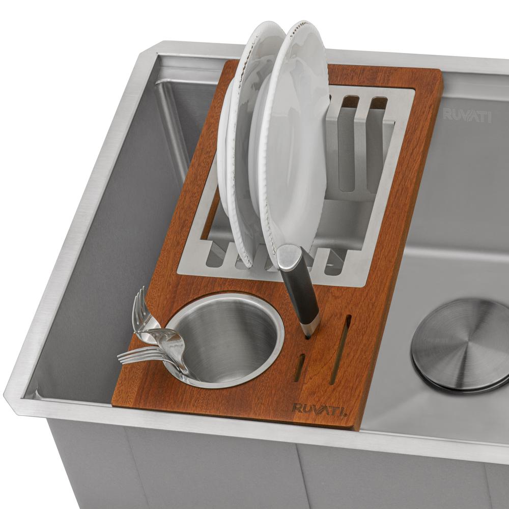 Ruvati Wood Dish Plate and Silverware Caddy Drying Rack for Workstation Sinks. Picture 2