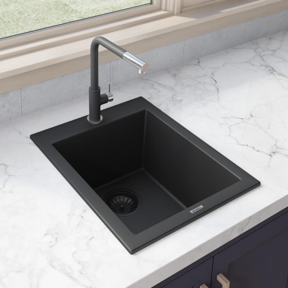 Drop-in Topmount Granite Composite Single Bowl Kitchen Sink - Midnight Black. Picture 4