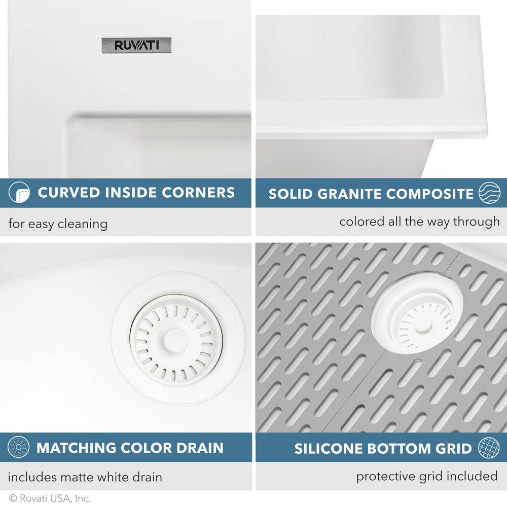 Drop-in Topmount Granite Composite Single Bowl Kitchen Sink - Arctic White. Picture 6