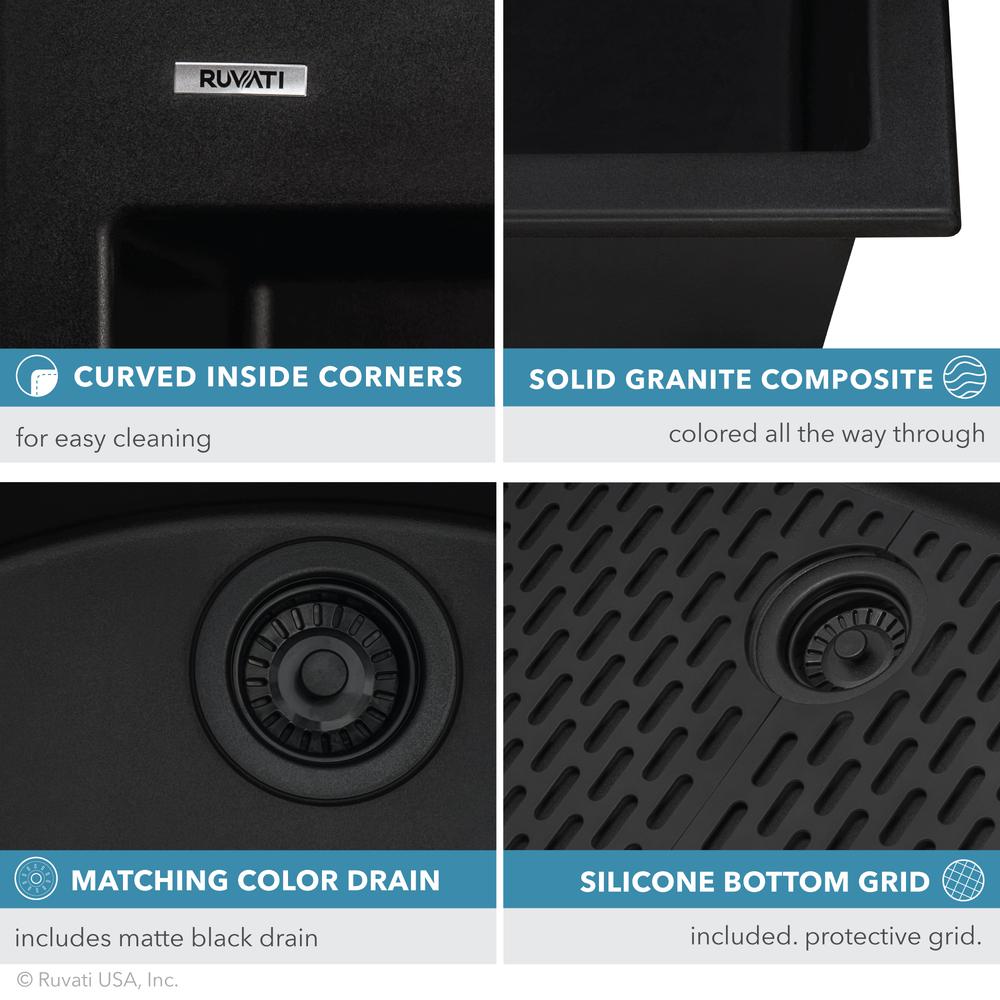 Drop-in Topmount Granite Composite Single Bowl Kitchen Sink - Midnight Black. Picture 10