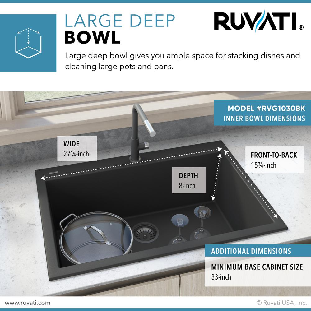 Drop-in Topmount Granite Composite Single Bowl Kitchen Sink - Midnight Black. Picture 11