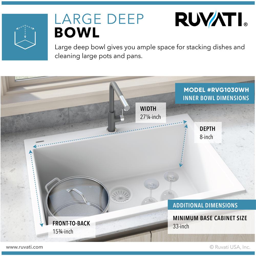 Drop-in Topmount Granite Composite Single Bowl Kitchen Sink - Arctic White. Picture 7