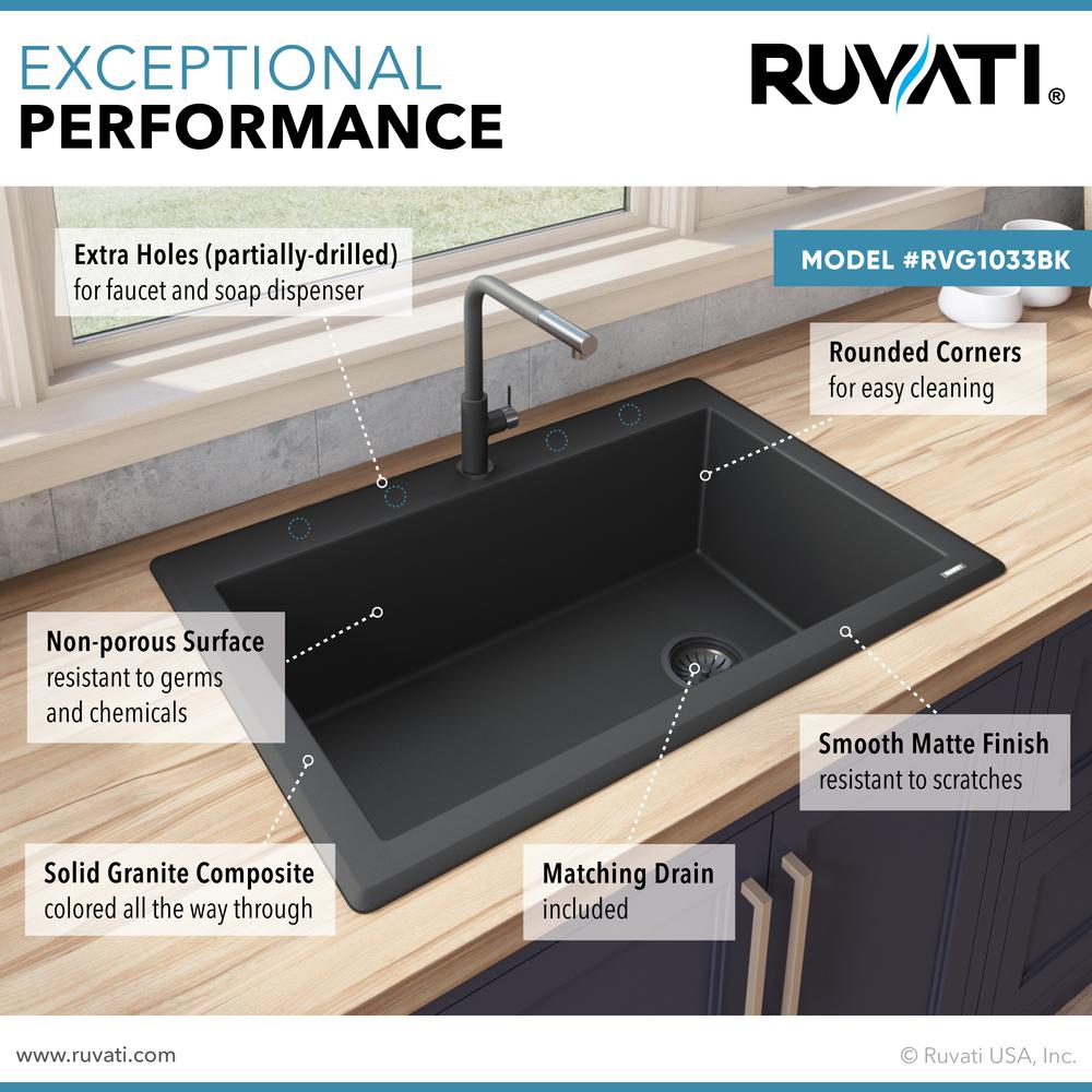 Ruvati 33 x 22 inch epiGranite Drop-in Topmount Single Bowl Kitchen Sink. Picture 8