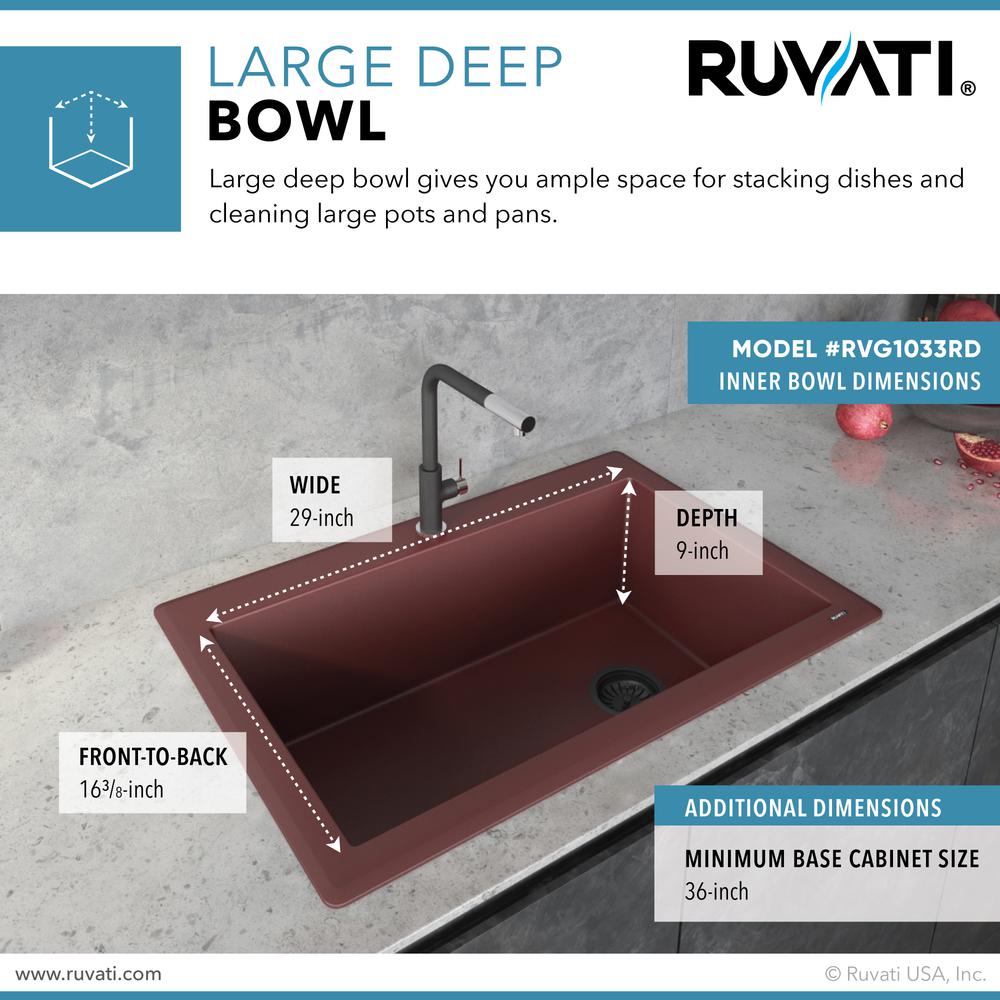 Ruvati 33 x 22 inch Drop-in Topmount Single Bowl Kitchen Sink Carnelian Red. Picture 7