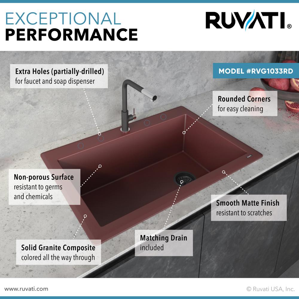 Ruvati 33 x 22 inch Drop-in Topmount Single Bowl Kitchen Sink Carnelian Red. Picture 8