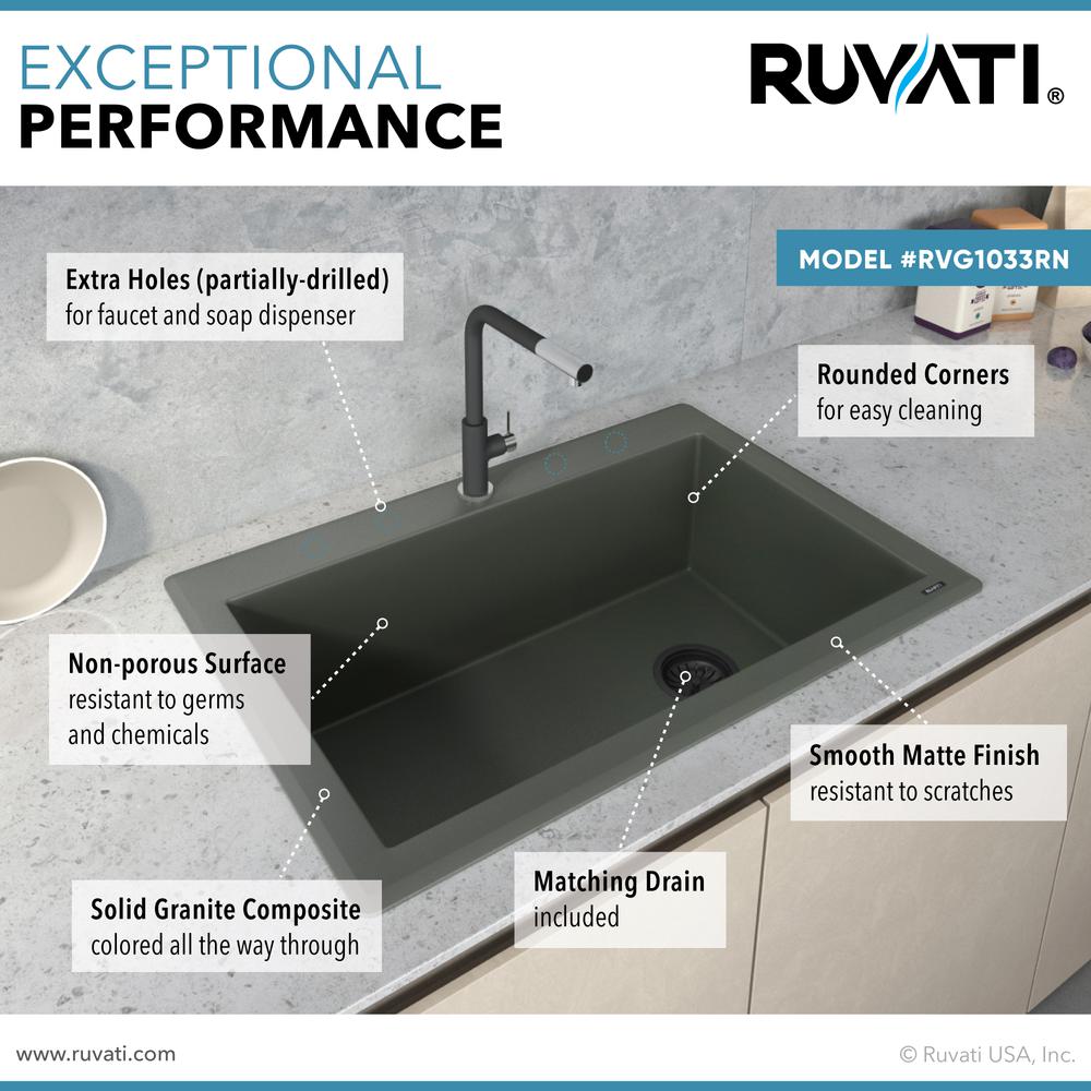 Ruvati 33 x 22 inch Drop-in Topmount Single Bowl Kitchen Sink Juniper Green. Picture 8