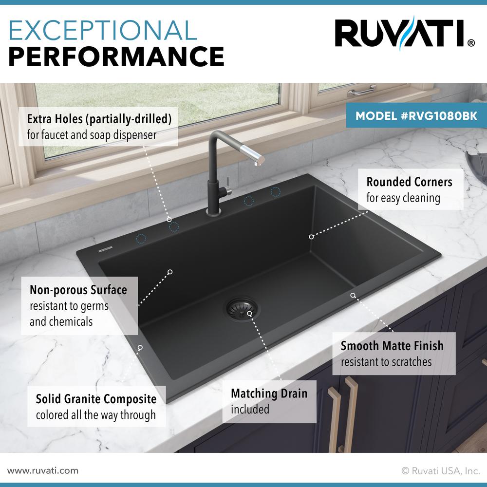 Ruvati 33 x 22 inch epiGranite Drop-in Topmount Single Bowl Kitchen Sink. Picture 7