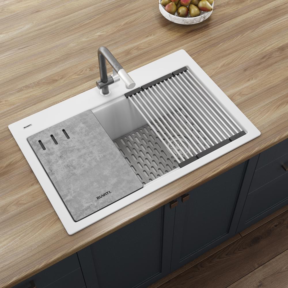 Granite Composite Workstation Drop-in Topmount Kitchen Sink  Matte White. Picture 11