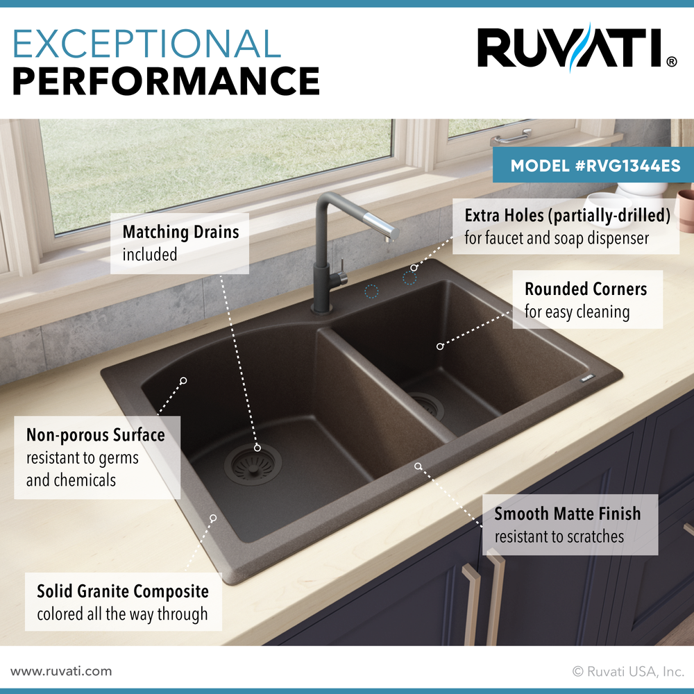 Ruvati 33 x 22 inch epiGranite Dual-Mount Double Bowl Kitchen Sink. Picture 7