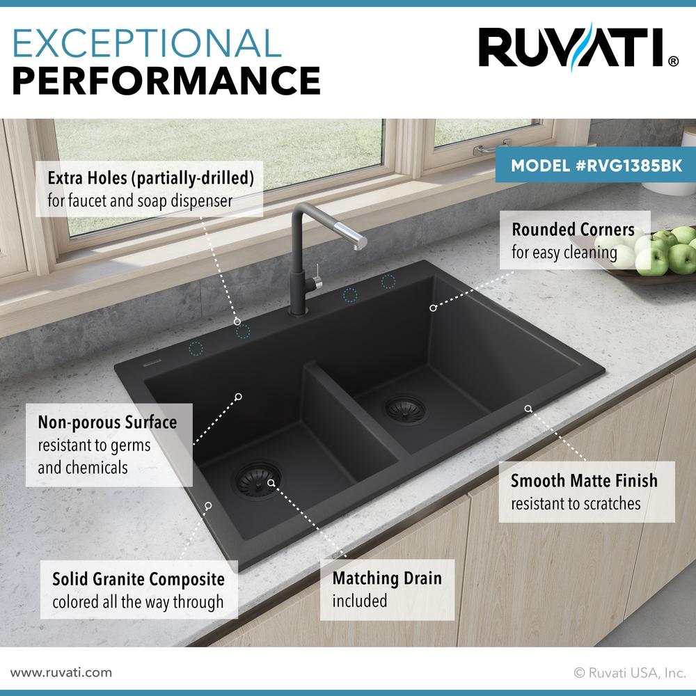 Ruvati 33 x 22 inch epiGranite Drop-in TopMount Double Bowl Kitchen Sink. Picture 15
