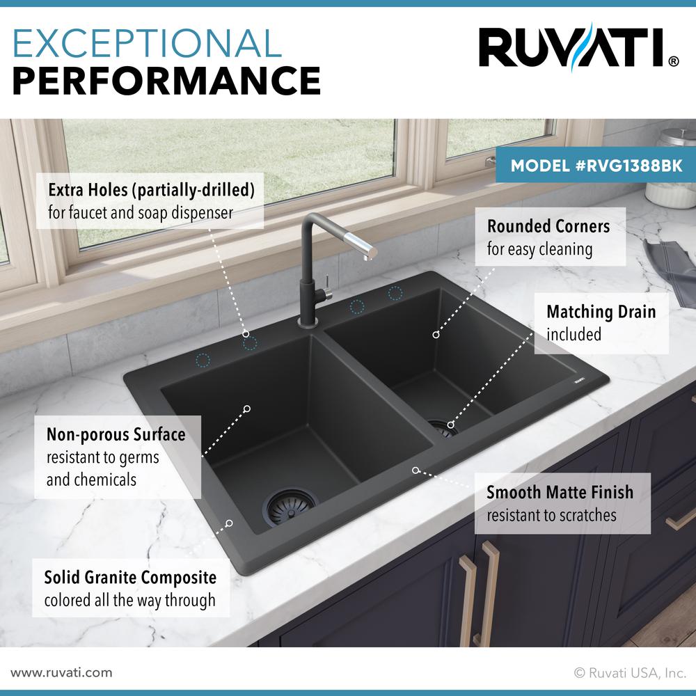 Ruvati 33 x 22 inch epiGranite Dual-Mount Double Bowl Kitchen Sink. Picture 6