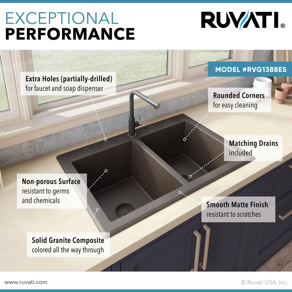 Ruvati 33 x 22 inch epiGranite Dual-Mount Double Bowl Kitchen Sink. Picture 9