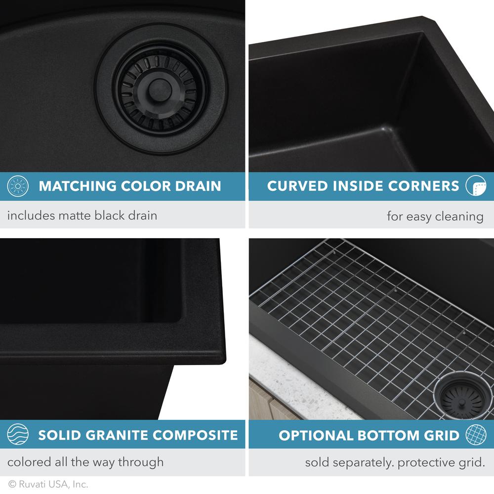 Granite Composite Undermount Single Bowl Kitchen Sink - Midnight Black. Picture 7