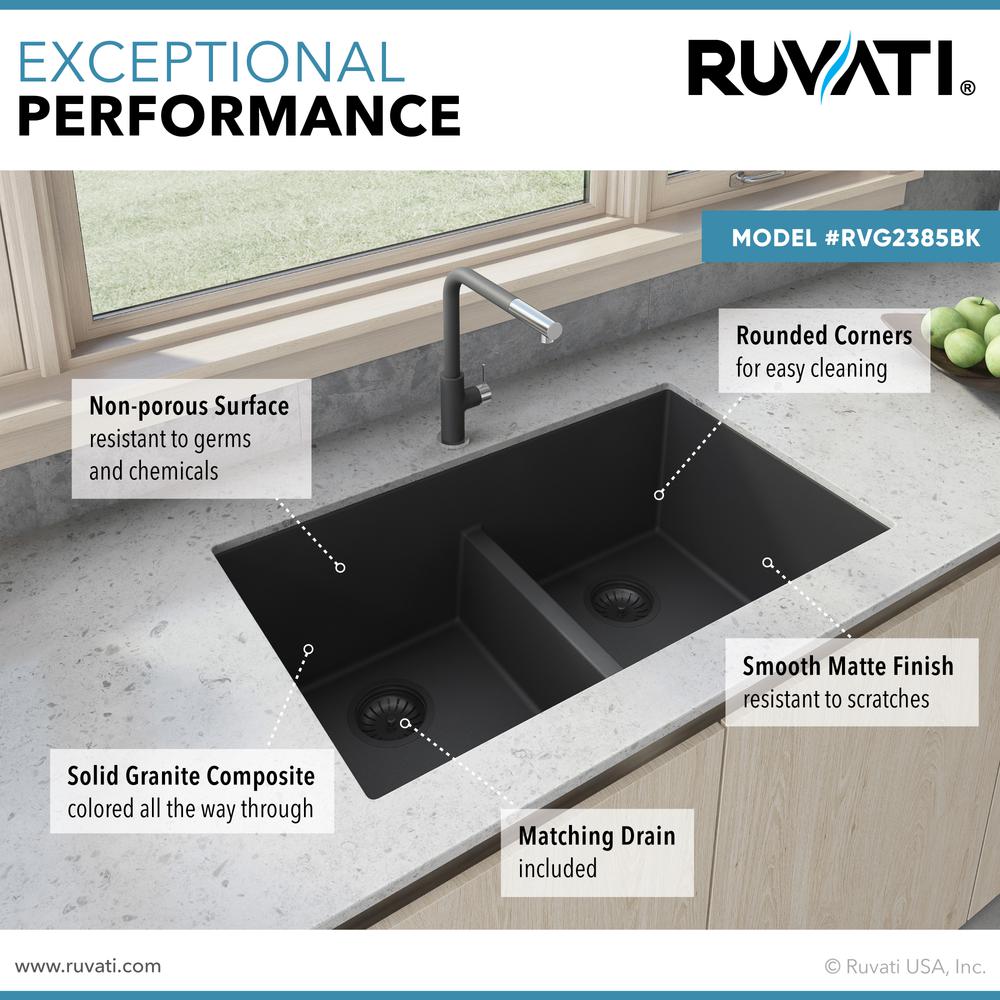 Ruvati 33 x 19 inch Undermount Low Divide Double Bowl Kitchen Sink. Picture 9