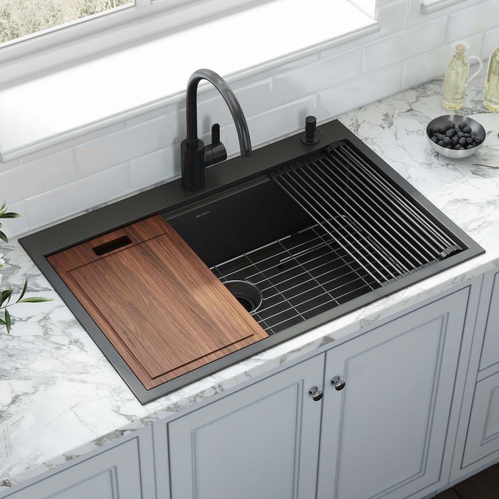33in Black Stainless Steel Workstation Drop-in Topmount Kitchen Sink Single Bowl. Picture 13