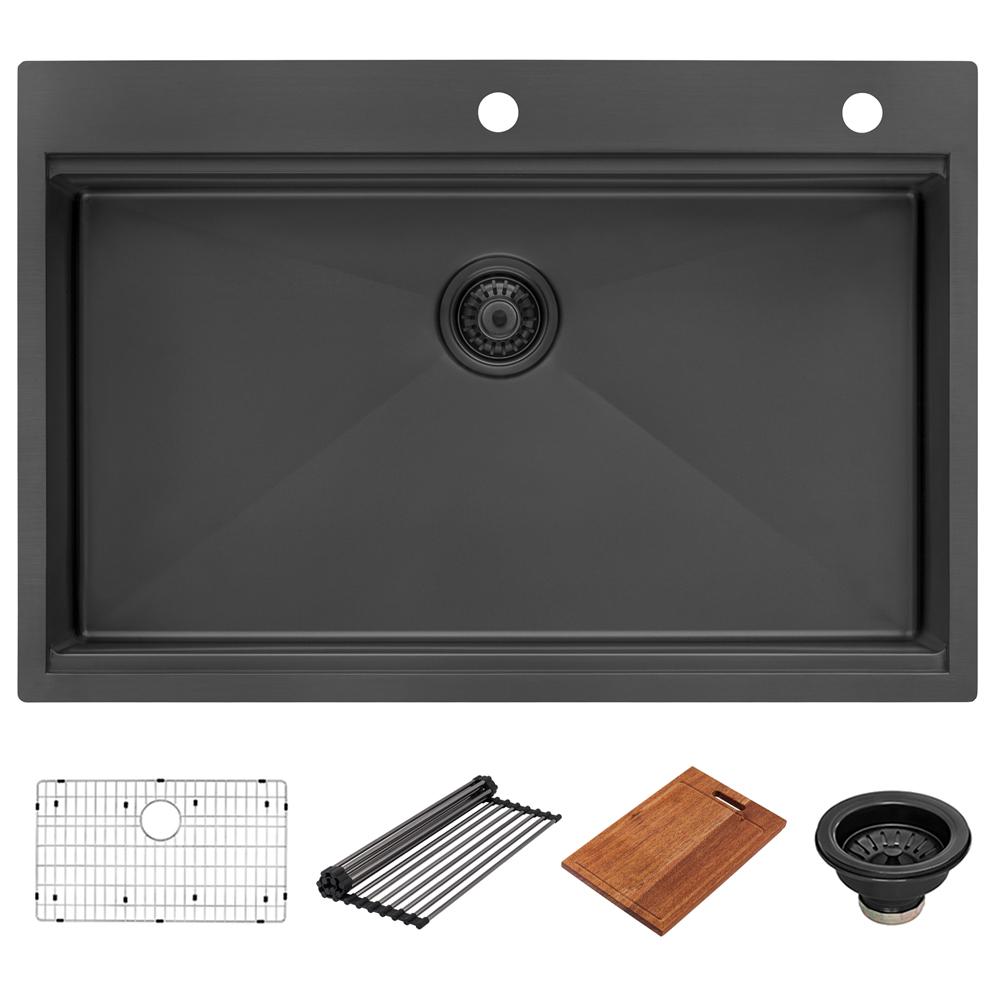 33in Black Stainless Steel Workstation Drop-in Topmount Kitchen Sink Single Bowl. Picture 6