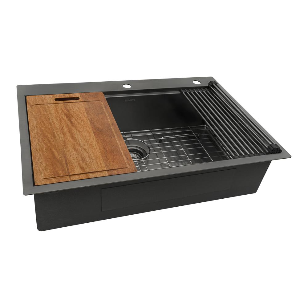 33in Black Stainless Steel Workstation Drop-in Topmount Kitchen Sink Single Bowl. Picture 1