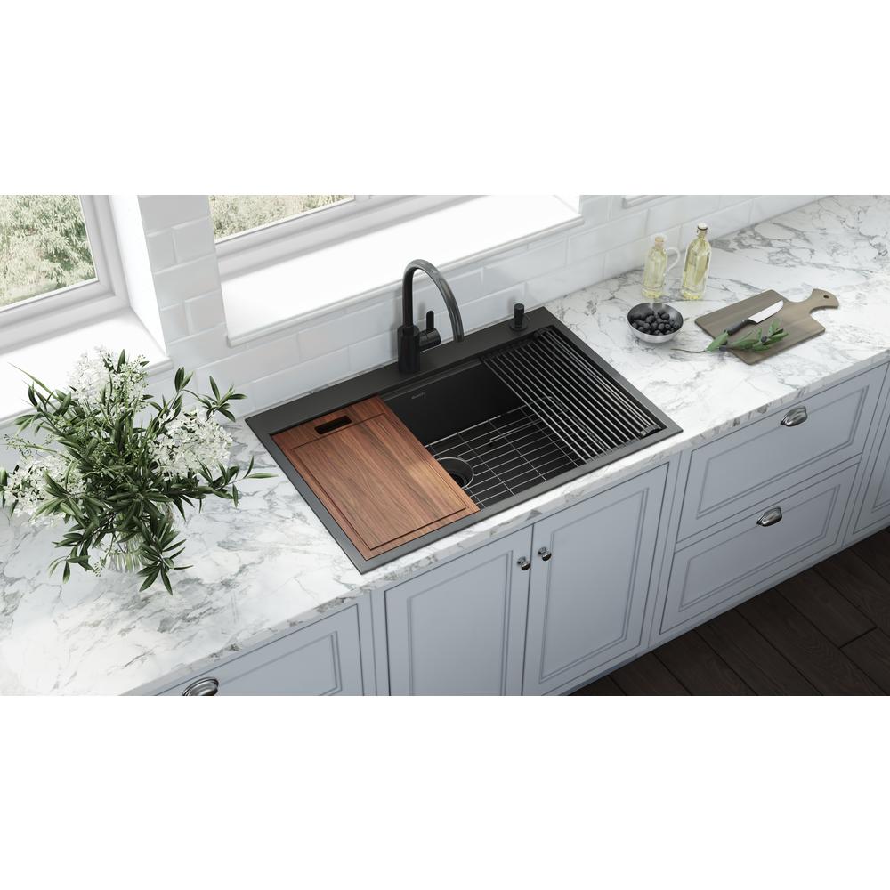 33in Black Stainless Steel Workstation Drop-in Topmount Kitchen Sink Single Bowl. Picture 14
