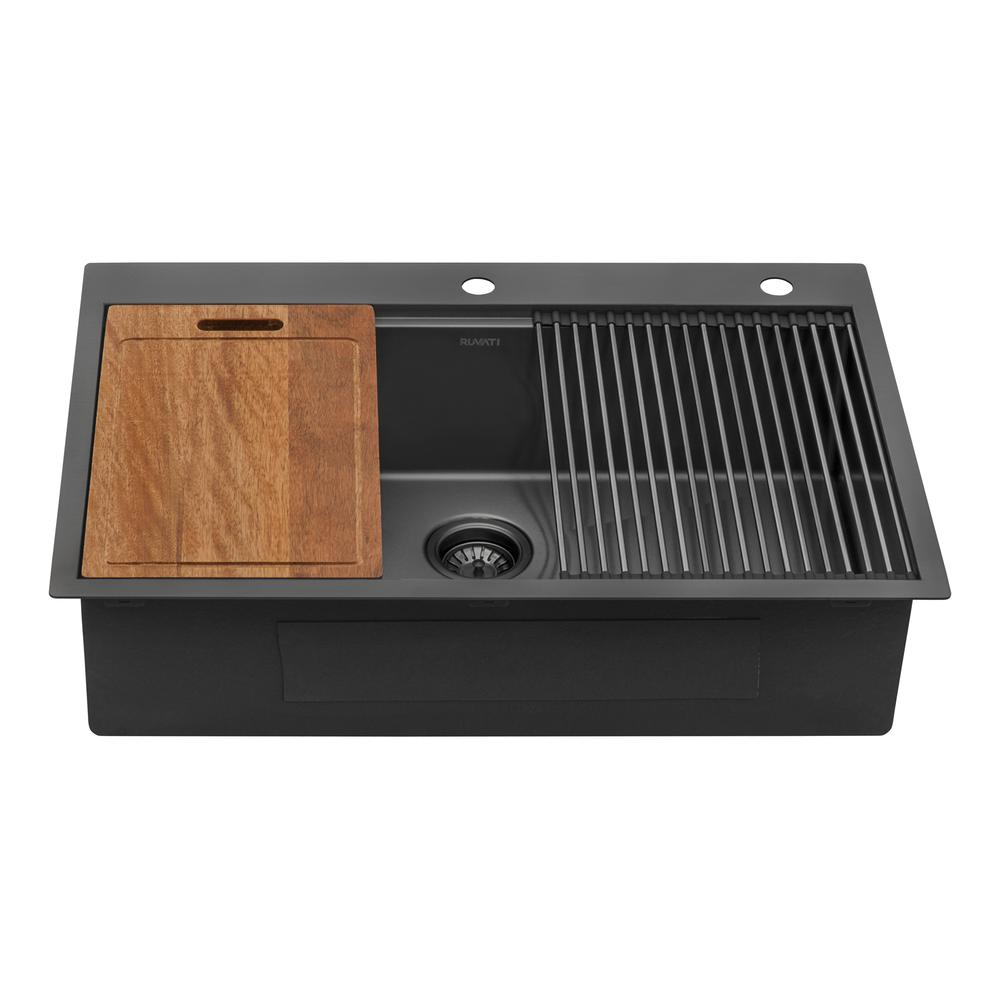 33in Black Stainless Steel Workstation Drop-in Topmount Kitchen Sink Single Bowl. Picture 2
