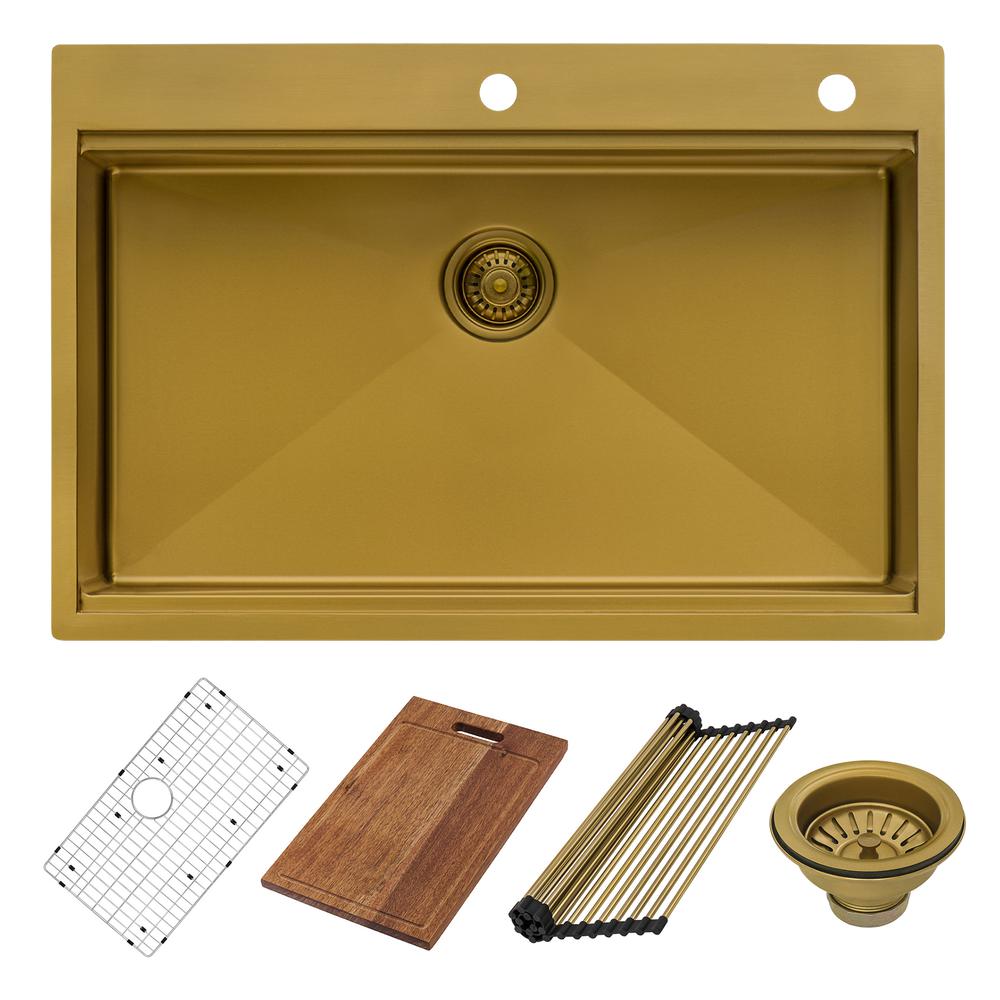 33in Brass Matte Gold Workstation Drop-in Topmount Kitchen Sink Single Bowl. Picture 1