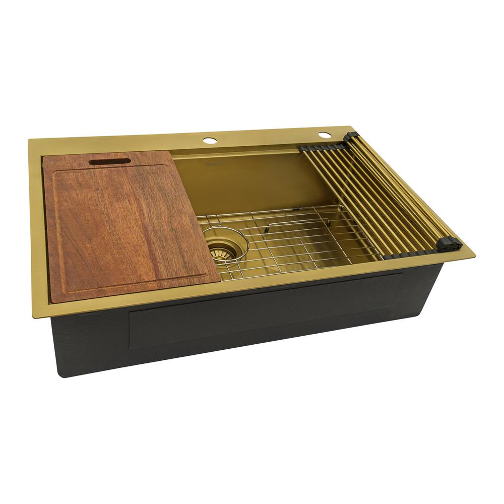 33in Brass Matte Gold Workstation Drop-in Topmount Kitchen Sink Single Bowl. Picture 2