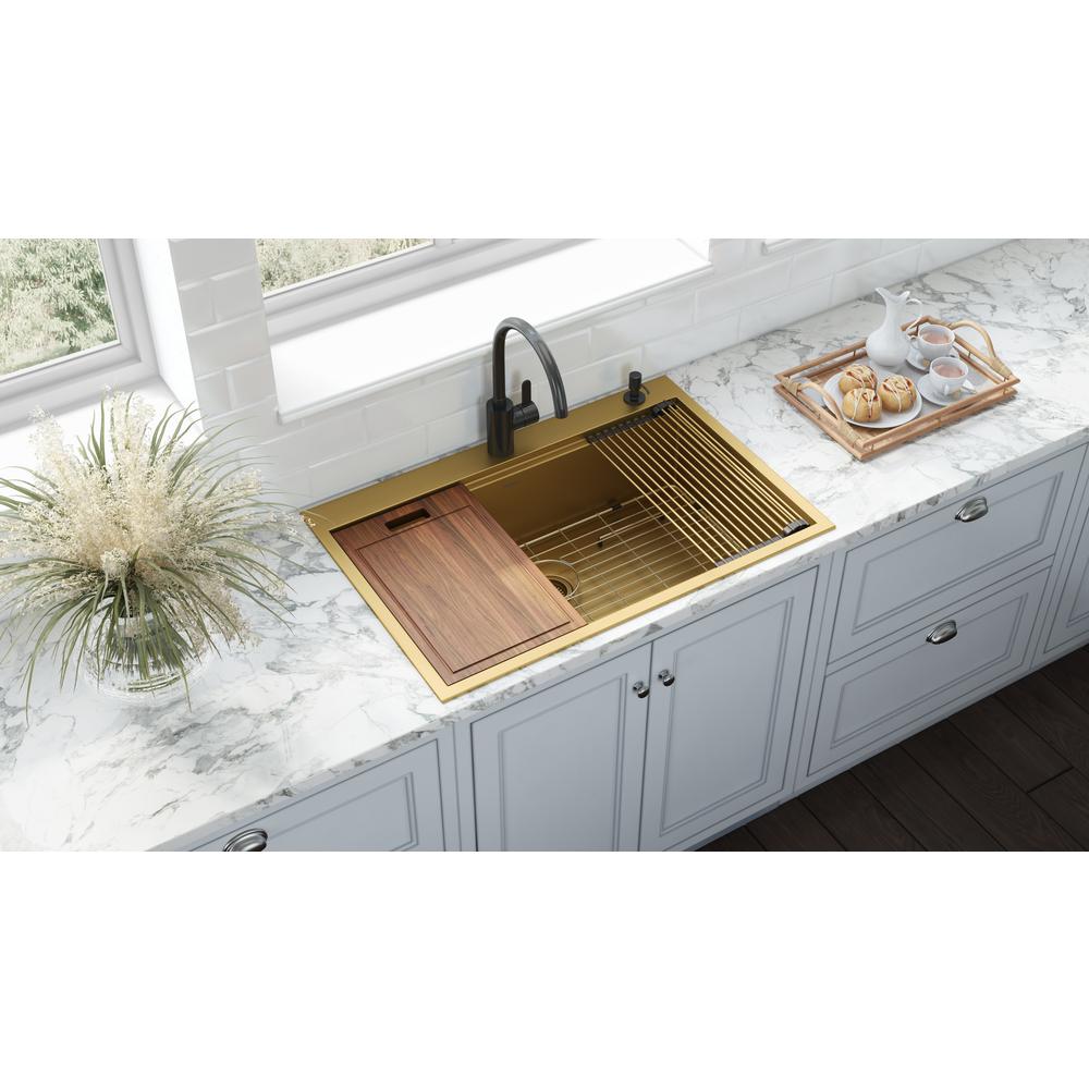 33in Brass Matte Gold Workstation Drop-in Topmount Kitchen Sink Single Bowl. Picture 3