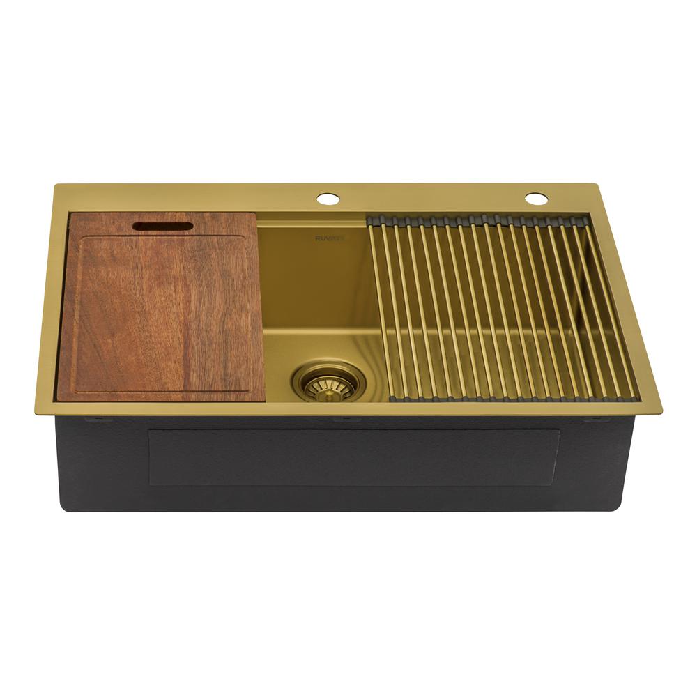 33in Brass Matte Gold Workstation Drop-in Topmount Kitchen Sink Single Bowl. Picture 5