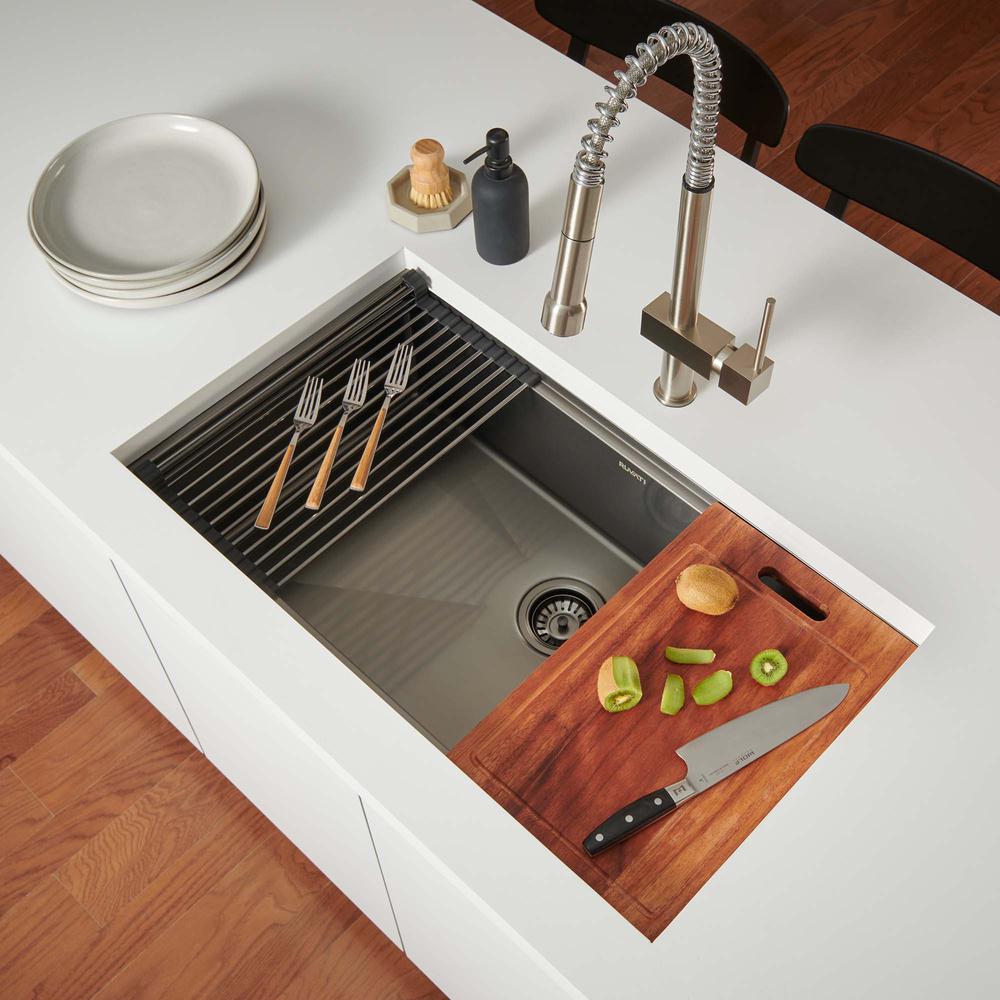27in Black Stainless Steel Workstation Undermount Kitchen Sink Single Bowl. Picture 13