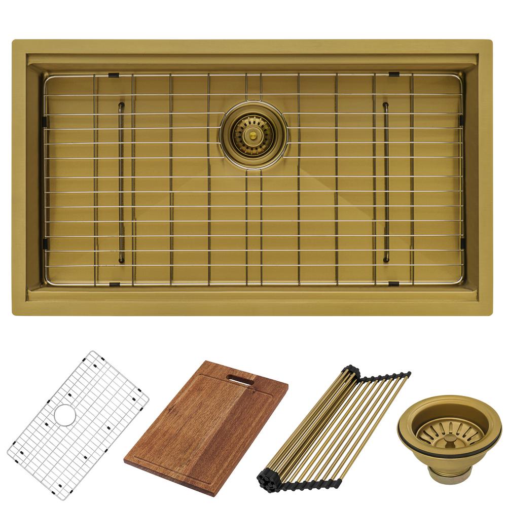27in Polished Brass Matte Gold Workstation Undermount Kitchen Sink Single Bowl. Picture 3