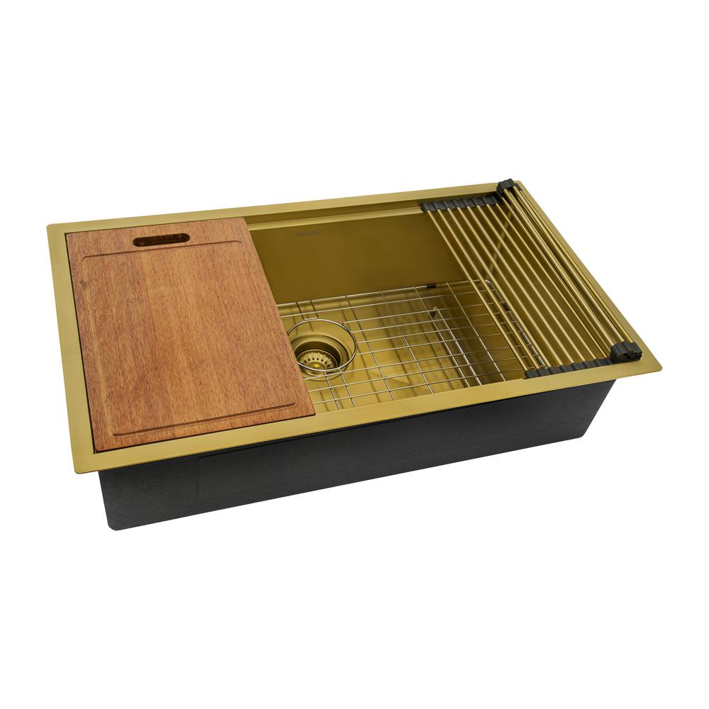 27in Polished Brass Matte Gold Workstation Undermount Kitchen Sink Single Bowl. Picture 1