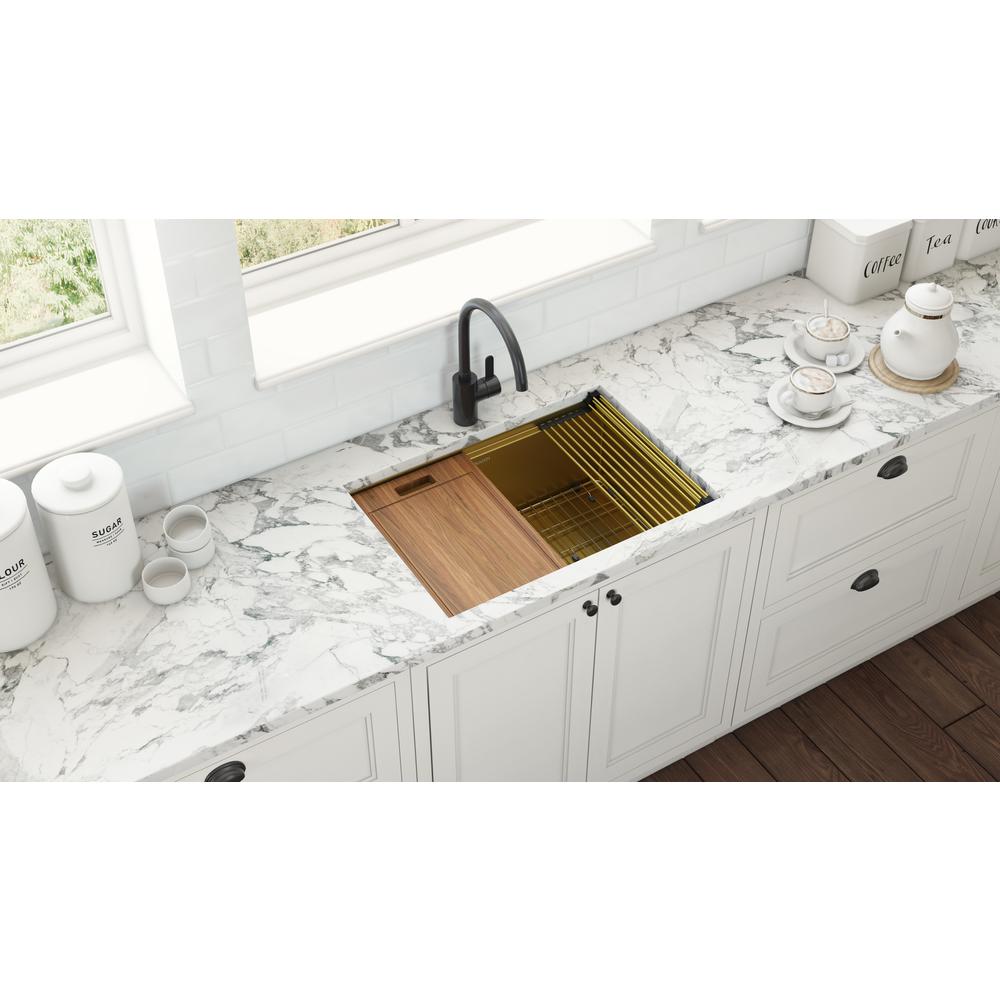 27in Polished Brass Matte Gold Workstation Undermount Kitchen Sink Single Bowl. Picture 15