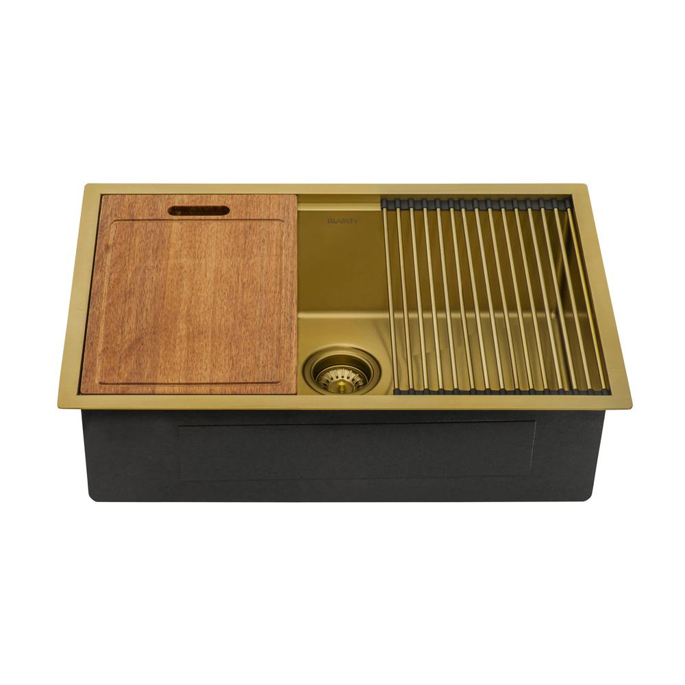 27in Polished Brass Matte Gold Workstation Undermount Kitchen Sink Single Bowl. Picture 2