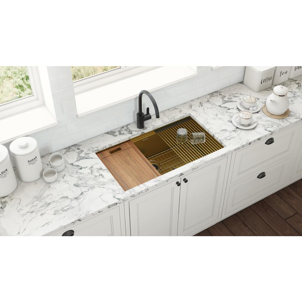 33in Polished Brass Matte Gold Workstation Undermount Kitchen Sink Single Bowl. Picture 14