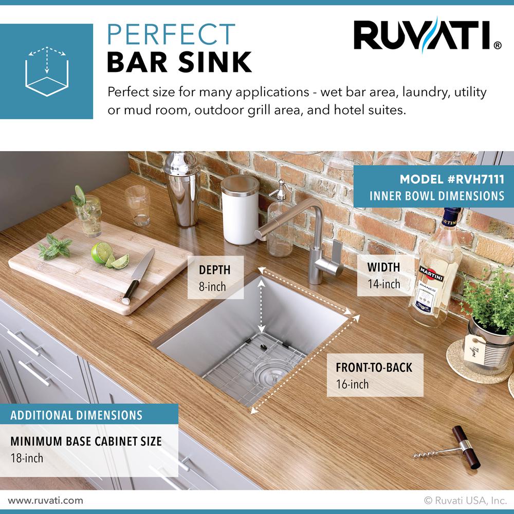 Ruvati 16-inch Undermount 16 Gauge Zero Radius Bar Prep Sink Single Bowl. Picture 6