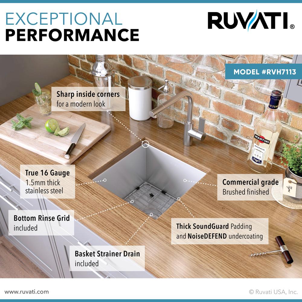 Ruvati 13 x 15 in Undermount 16 Gauge Zero Radius Bar Kitchen Sink Single Bowl. Picture 6