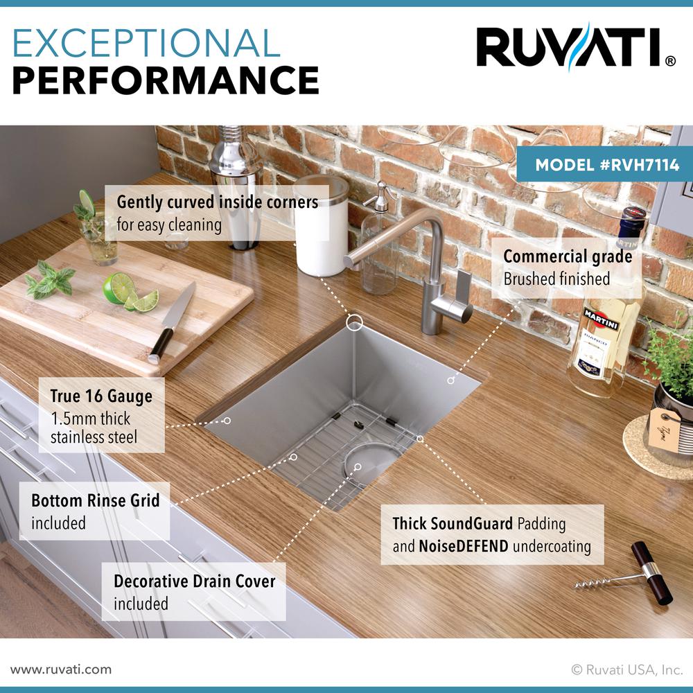 Ruvati 14-inch Undermount Bar Prep Sink 16 Gauge Rounded Corners Single Bowl. Picture 9