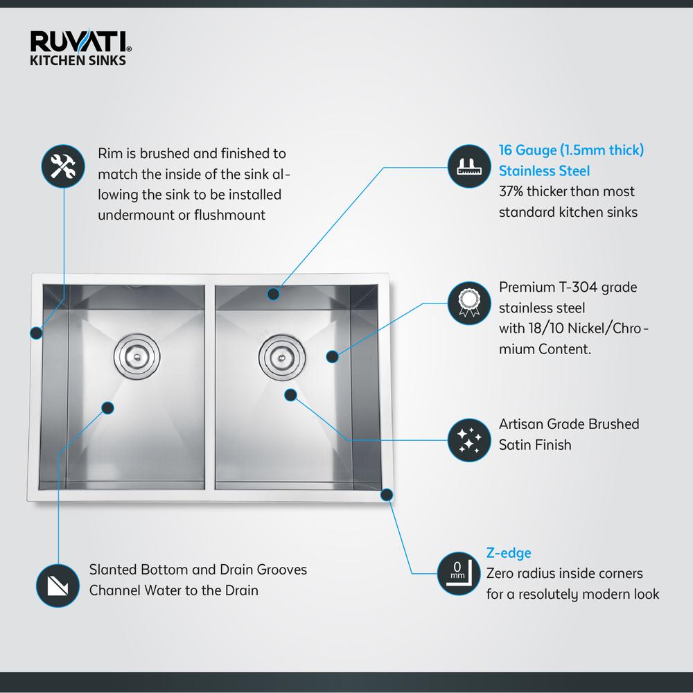 Ruvati 30-inch Undermount 50/50 Double Bowl Zero Radius 16 Gauge Kitchen Sink. Picture 11