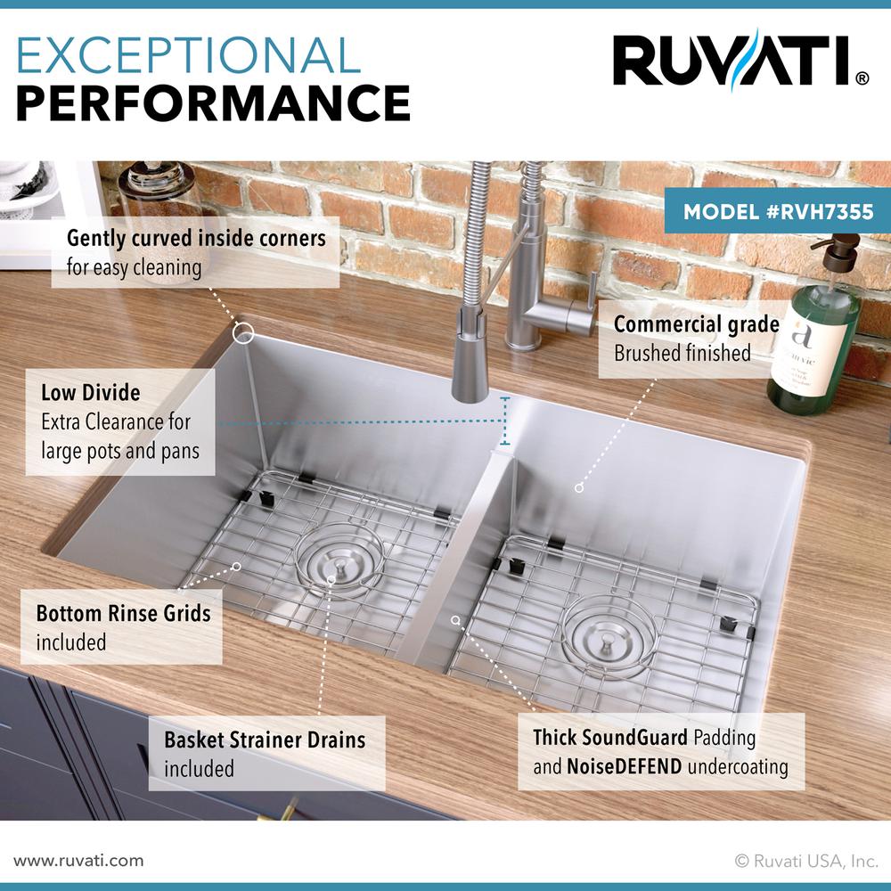 Ruvati 30-inch Low-Divide Undermount Double Bowl 16 Gauge Kitchen Sink. Picture 6