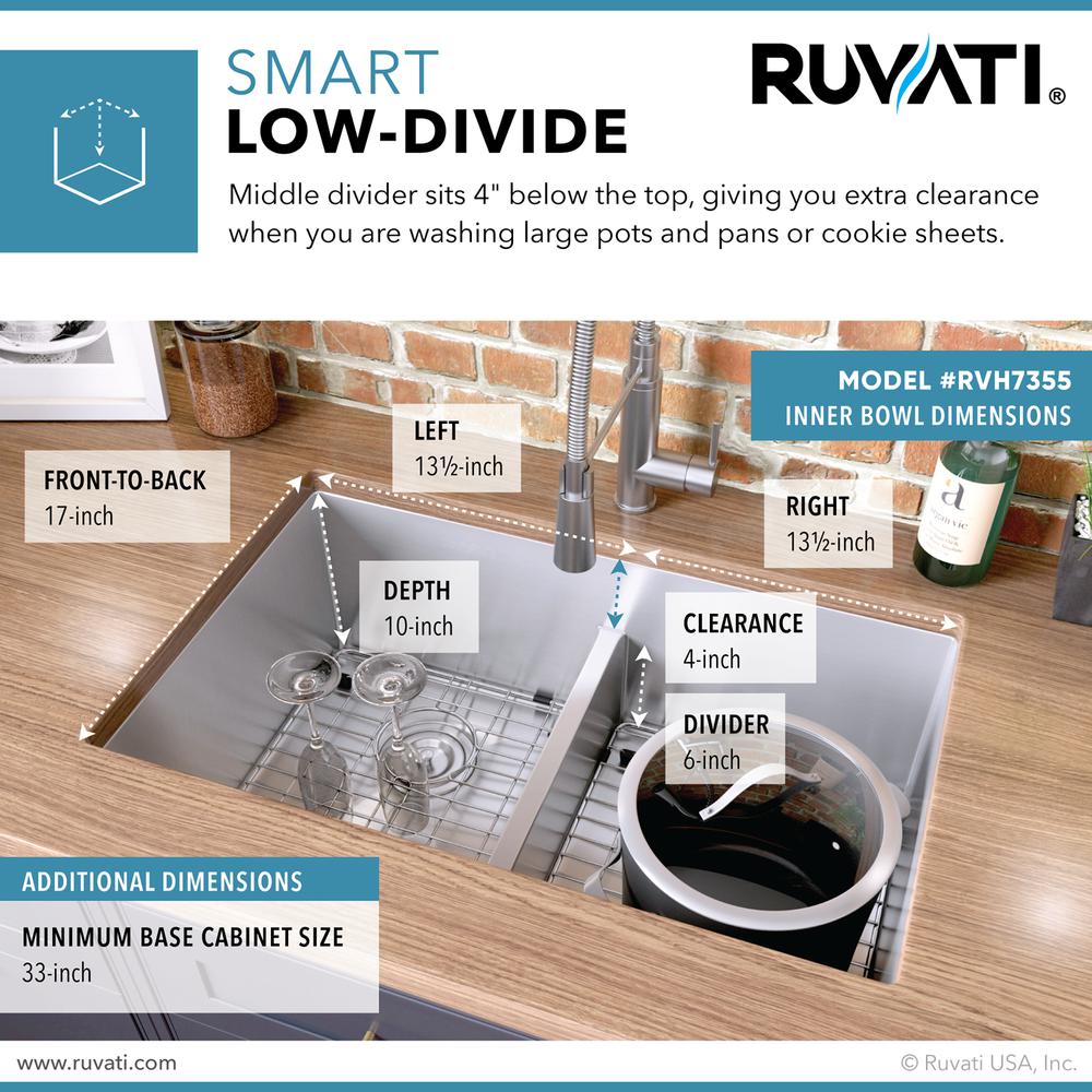 Ruvati 30-inch Low-Divide Undermount Double Bowl 16 Gauge Kitchen Sink. Picture 9