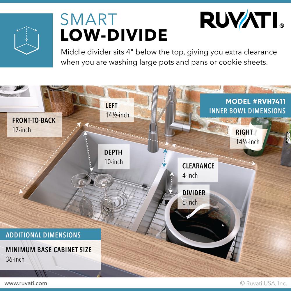 Ruvati 32-in Low-Divide Undermount Double Bowl 16 Gauge Kitchen Sink. Picture 6