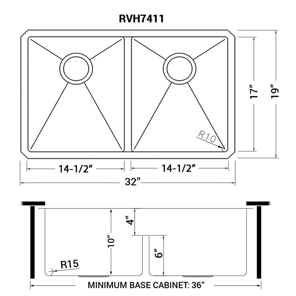 Ruvati 32-in Low-Divide Undermount Double Bowl 16 Gauge Kitchen Sink. Picture 10