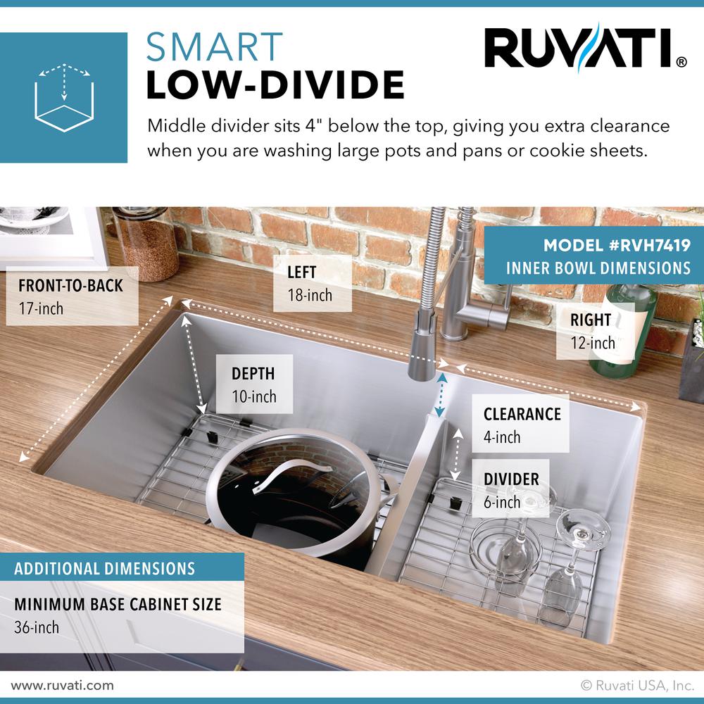 Ruvati 33-inch Low-Divide Undermount Kitchen Sink. Picture 6